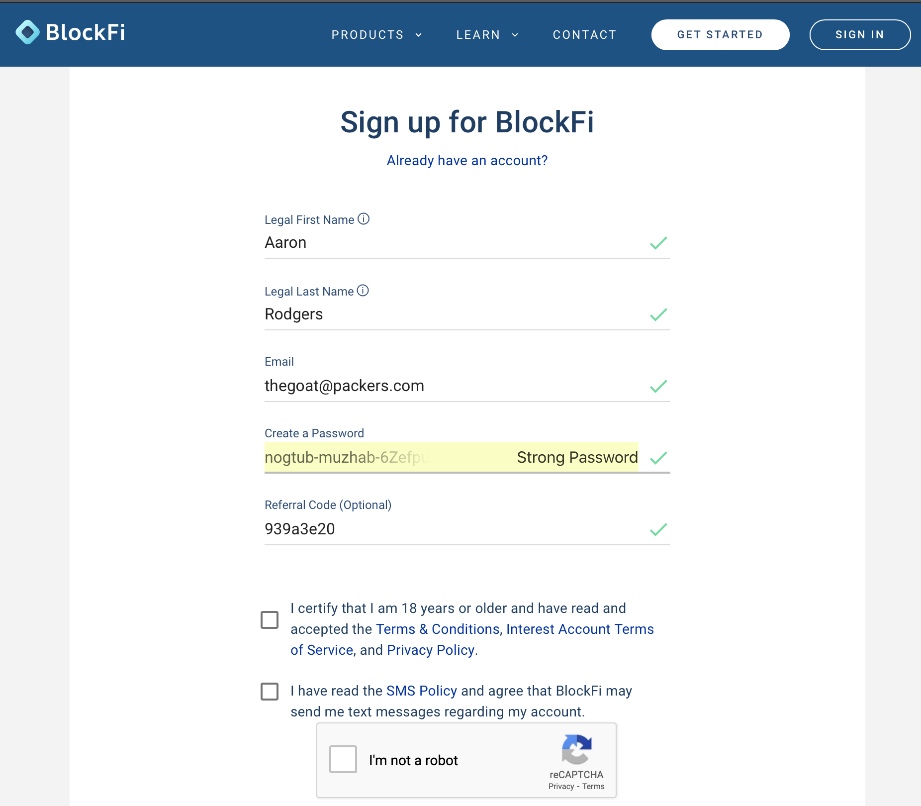 BlockFi registration first page